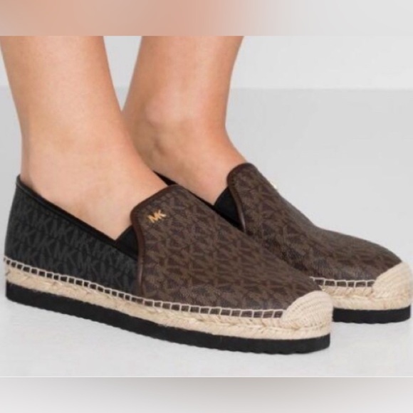 MICHAEL KORS HASTINGS MK PRINT GOLD PLATFORM ESPADRILLES Black Brown Size 9 - Picture 2 of 15